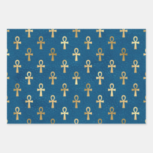 Feuille De Papier Cadeau Métallurgique égyptien Ankh sur le bleu