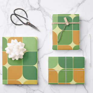 Feuille De Papier Cadeau Mi-siècle abstrait motif vert orange