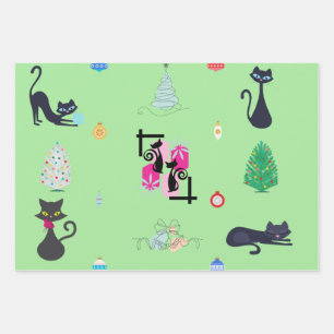 Feuille De Papier Cadeau Mi-siècle moderne Atomique Chat Noël
