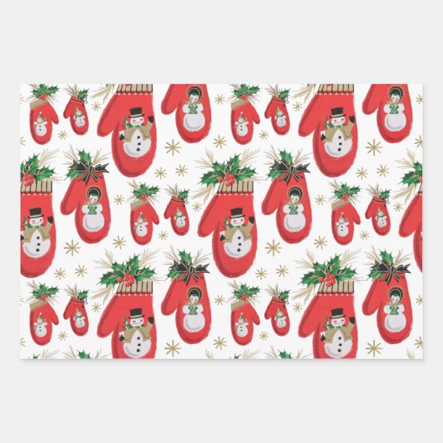 Feuille De Papier Cadeau Mi-siècle Noël Mittens (Devant)