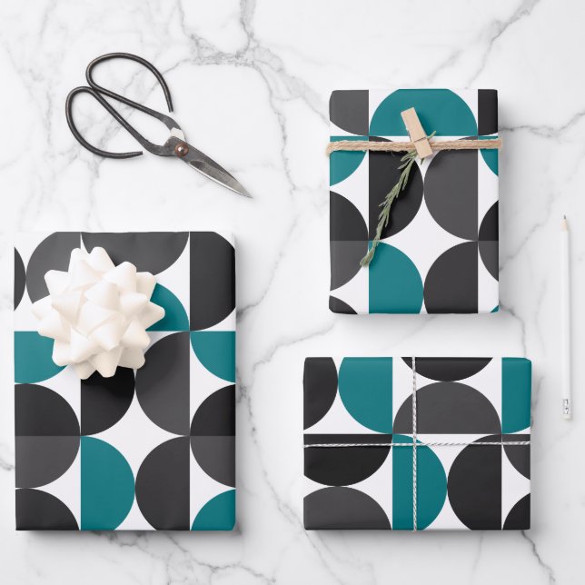 Feuille De Papier Cadeau Mid Century Moderne Abstrait Motif Bleu & Blanc (Recto)
