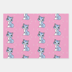 Feuille De Papier Cadeau mignon chat bleu rose