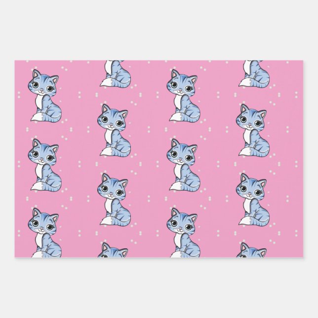Feuille De Papier Cadeau mignon chat bleu rose (Devant)