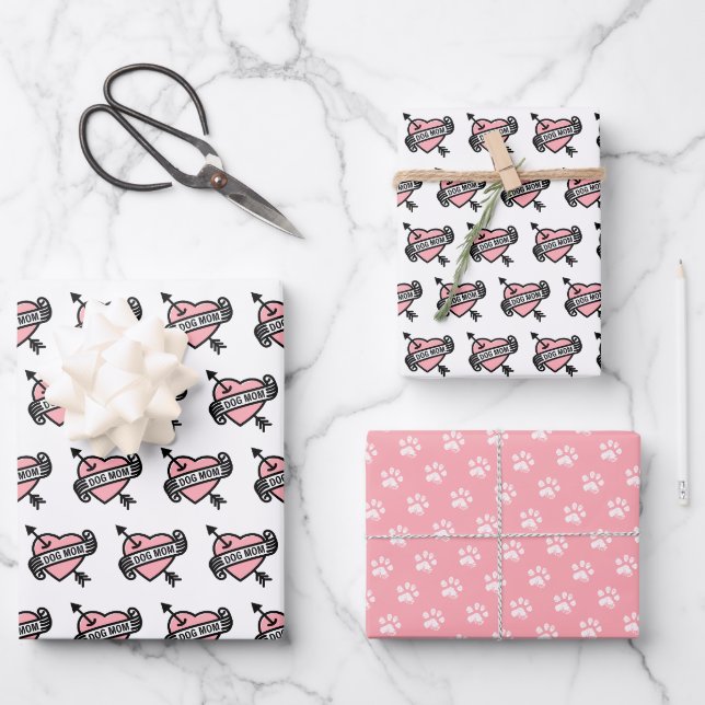 Feuille De Papier Cadeau Mignonne Chien Maman Tatouage de coeur avec Motif  (Recto)