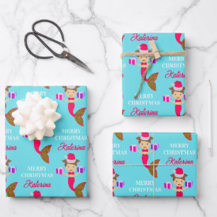 Feuille De Papier Cadeau Mignonne Noël Sirène fille Santa Chapeau en mer