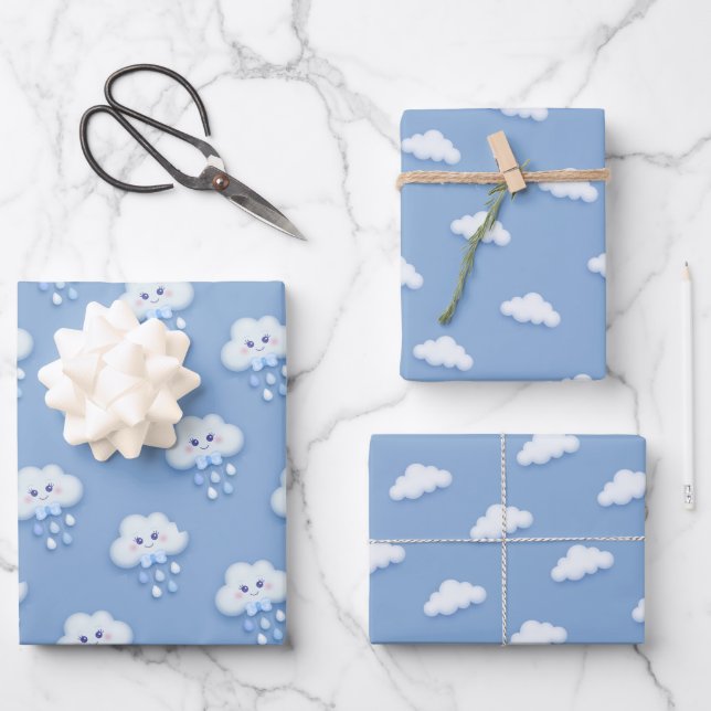Feuille De Papier Cadeau Mignonne nuage blanc moelleux neuf bleu pâle garço (Recto)