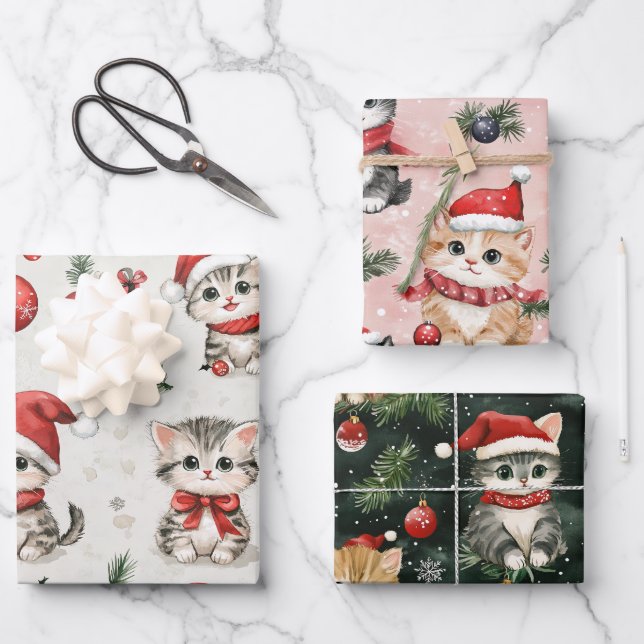 Feuille De Papier Cadeau Mignons chatons de Noël (Recto)