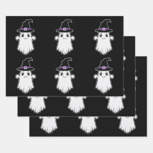 Feuille De Papier Cadeau Mignons Fantômes Portant Une Sorcière Casquette Mo