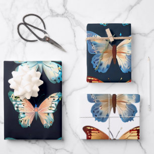 Feuille De Papier Cadeau Mignons papillons sur arrière - plans bleus et bla