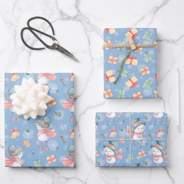 Feuille De Papier Cadeau Mignons Snowmen Cadeaux Snowflakes sur Noël bleu (Recto)
