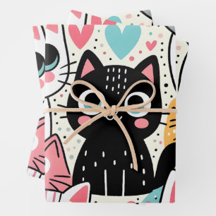 Feuille De Papier Cadeau Mignons visages de chat Kawaii et cœurs fantaisist