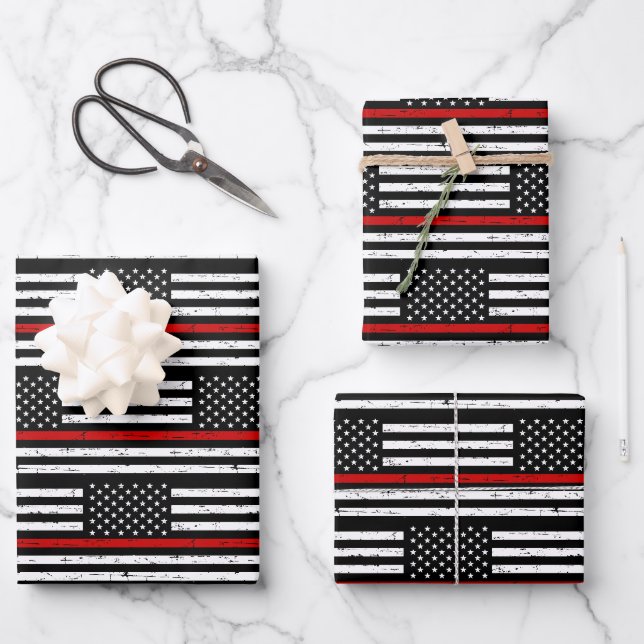 Feuille De Papier Cadeau Mince Red Line Flag Retraite Pompier (Recto)