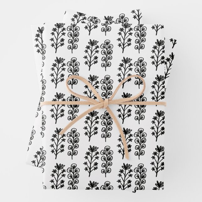 Feuille De Papier Cadeau Minimaliste Floral Whimsical Noir & Blanc Cute (En situation)