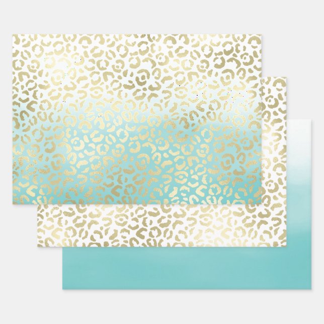 Feuille De Papier Cadeau Mint Aquarelle Ombre Glam Or Leopard (Lot)
