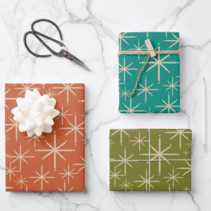 Feuille De Papier Cadeau Mod Retro Starburts Orange Turquoise Olive