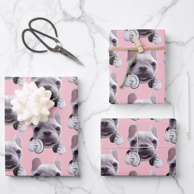Feuille De Papier Cadeau Mode DJ activé : Bulldog français cool avec casque (Recto)