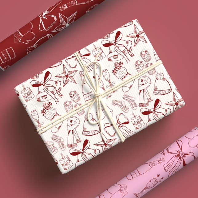 Feuille De Papier Cadeau Mode main tiré Monochrome rouge & blanc Noël (Créateur téléchargé)