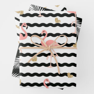Feuille De Papier Cadeau Modèle de flamant Parties scintillant d'or