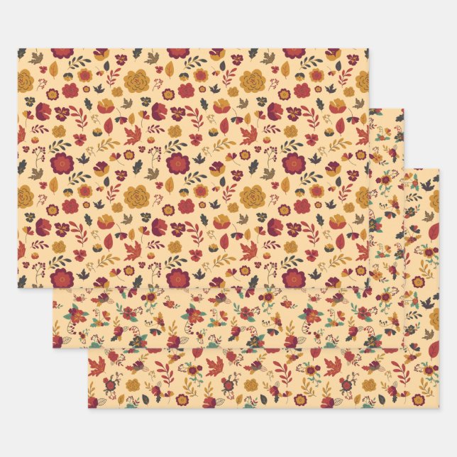 Feuille De Papier Cadeau Modèle floral d'automne moderne (Lot)