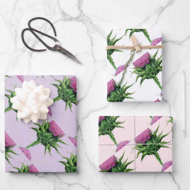 Feuille De Papier Cadeau Modèle Floral de chardon pourpre (Recto)
