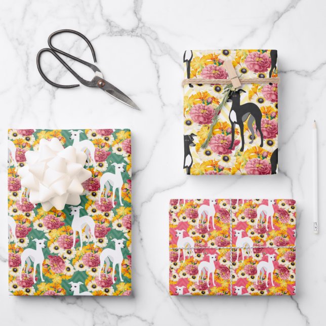 Feuille De Papier Cadeau Modèle floral italien Greyhounds (Recto)