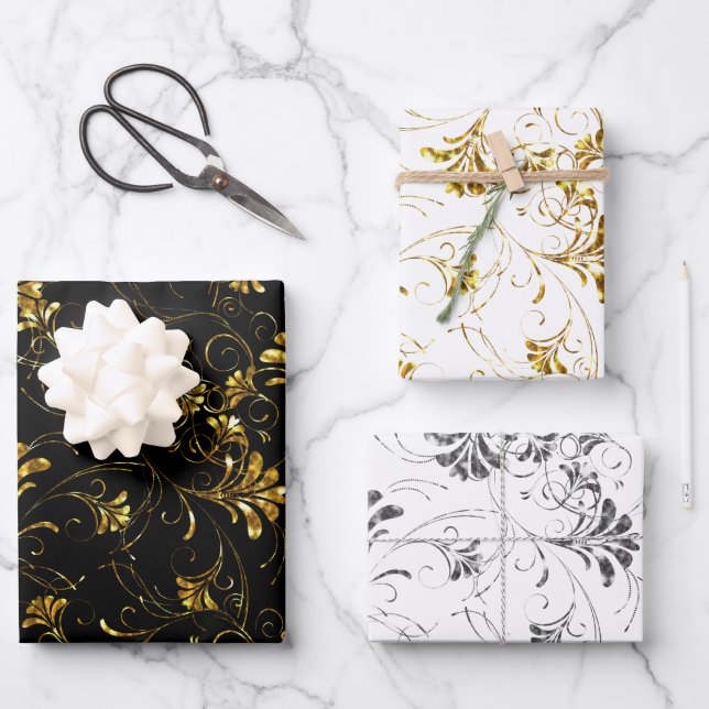 Feuille De Papier Cadeau Modèle floral or et argent (Recto)