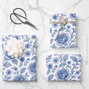 Feuille De Papier Cadeau Modèle Floral Royal Bleu Rose