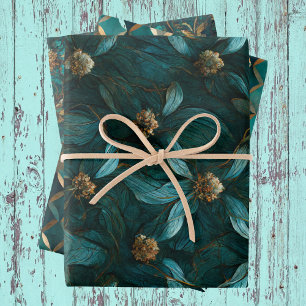 Feuille De Papier Cadeau Modèle turquoise et or floral