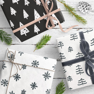 Feuille De Papier Cadeau Modern Black & White Christmas Trees Snowflakes