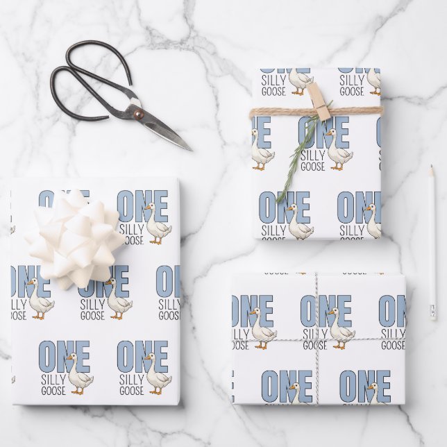 Feuille De Papier Cadeau Modern Blue One Silly Goose First Birthday (Recto)