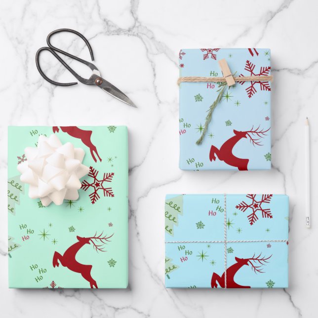 Feuille De Papier Cadeau Modern Reindeer & Snowflake Gift Wrap Set (Recto)