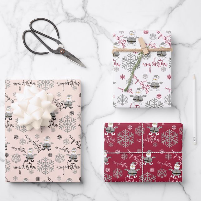 Feuille De Papier Cadeau ModernCute Père Noël Snowflakes Motif (Recto)