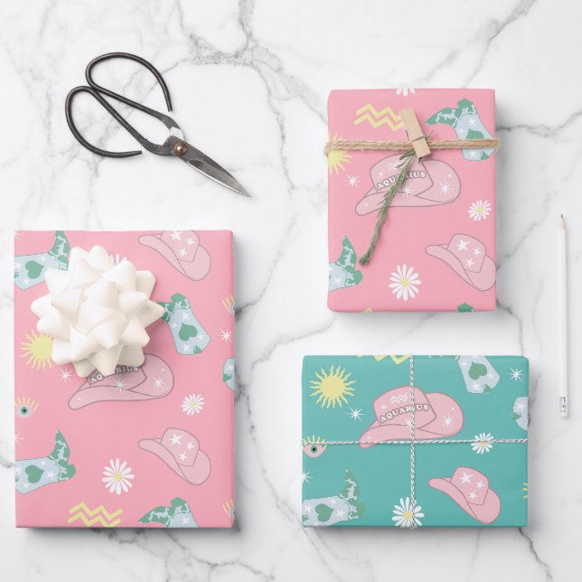 Feuille De Papier Cadeau Moderne Cowgirl Aquarius Zodiac Motif rose (Recto)