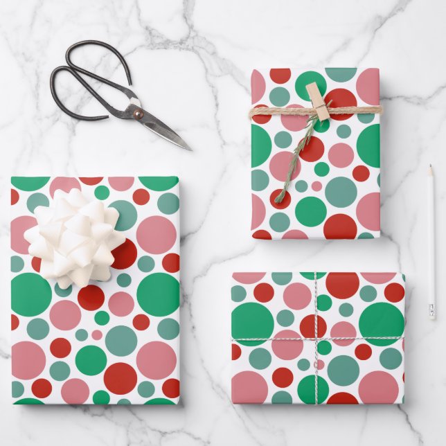 Feuille De Papier Cadeau Moderne Festif Cute Polka Dot Rouge Rose Vert (Recto)
