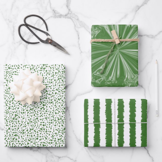 Feuille De Papier Cadeau Moderne Festif Vert Speckles Rayures (Recto)