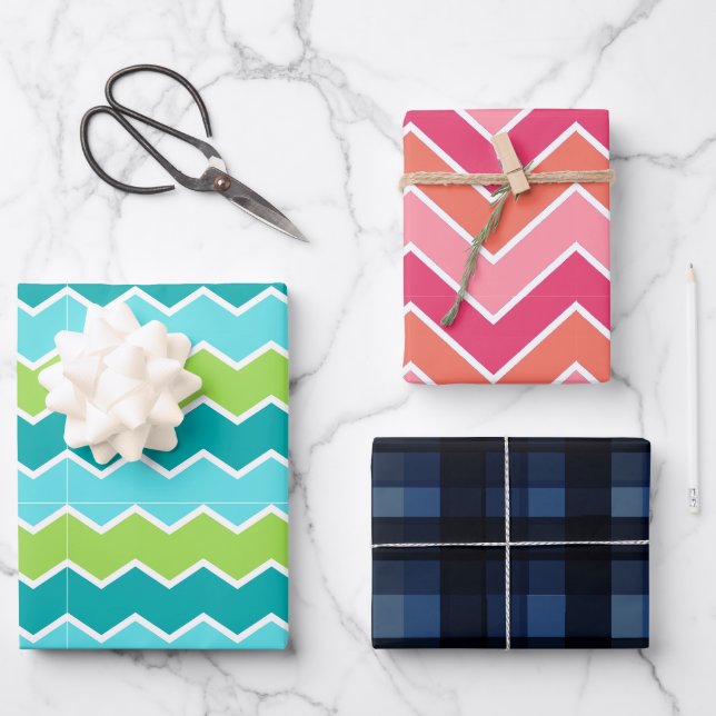 Feuille De Papier Cadeau Moderne Gras Vibrant Zigzag Chevron Classic Plaid (Recto)
