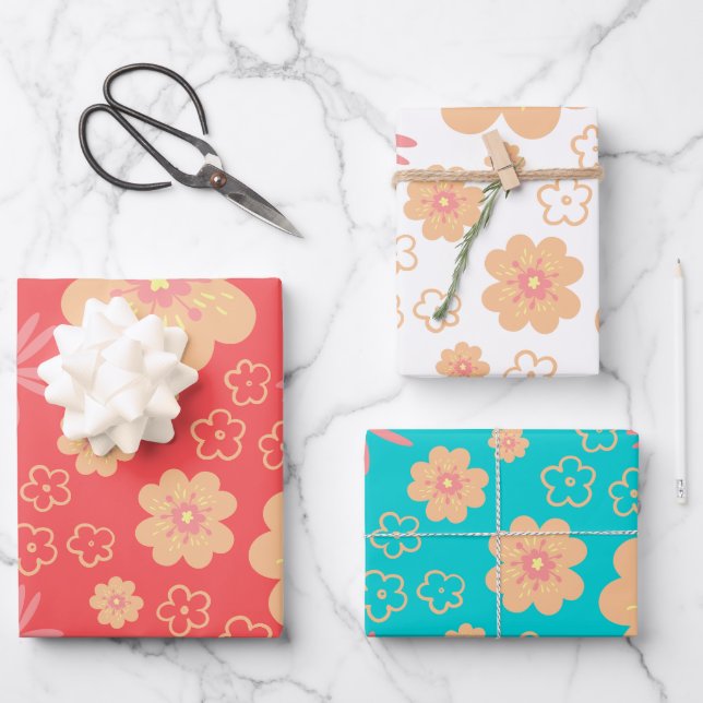 Feuille De Papier Cadeau Moderne Motif de fleurs rétro (Recto)