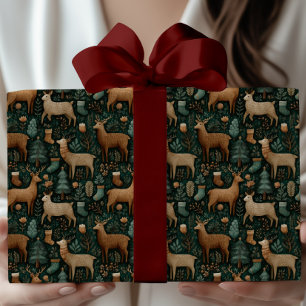 Feuille De Papier Cadeau Moderne Noël rustique avec cerf et pin sylvestre