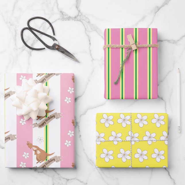 Feuille De Papier Cadeau Momma Kangaroo, Grandes Et Fleurs (Recto)
