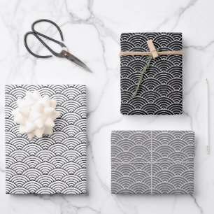 Feuille De Papier Cadeau Monochrome noir blanc gris japonais vague