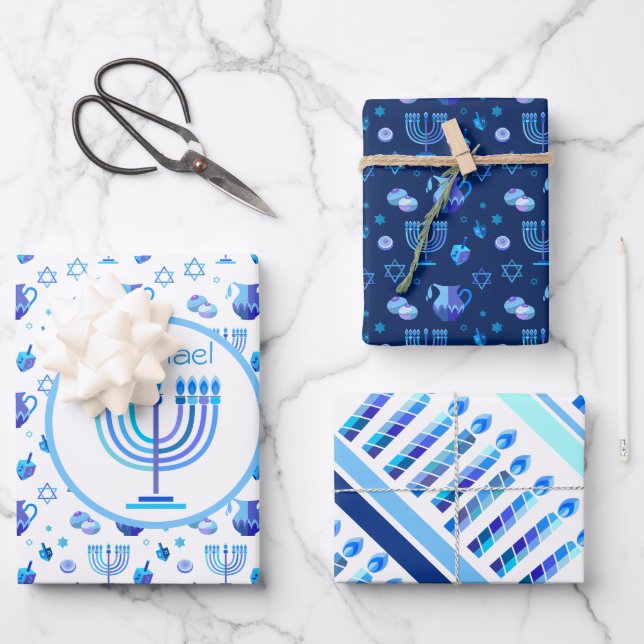Feuille De Papier Cadeau Monogram Hanoukka Festival Menorah Lumières (Recto)