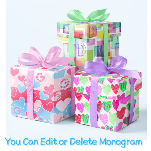 Feuille De Papier Cadeau Monogram Pastel Aquarelle Coeur Rose Bleu Élégant