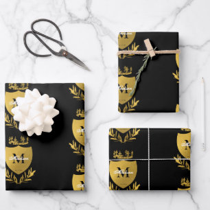 Feuille De Papier Cadeau Monogramme du bouclier royal noir et or