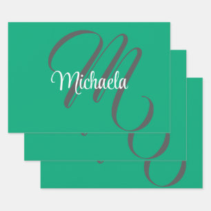 Feuille De Papier Cadeau Monogramme moderne minimaliste vert nom initial