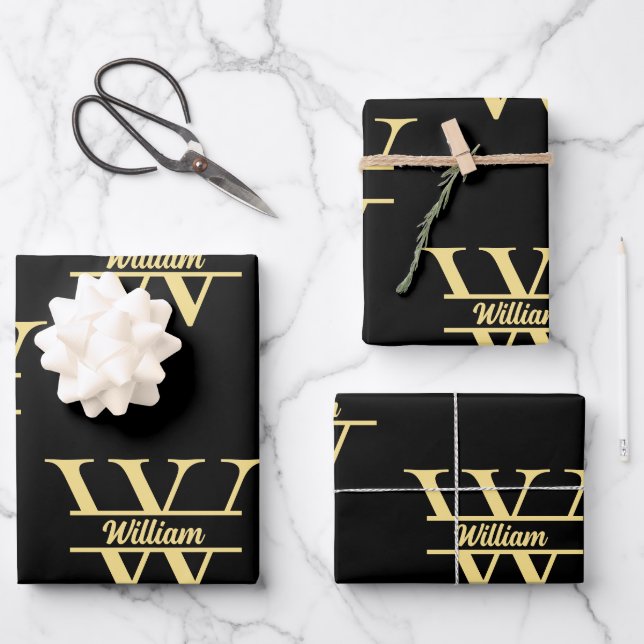 Feuille De Papier Cadeau Monogramme noir et or | Script initial élégant (Recto)