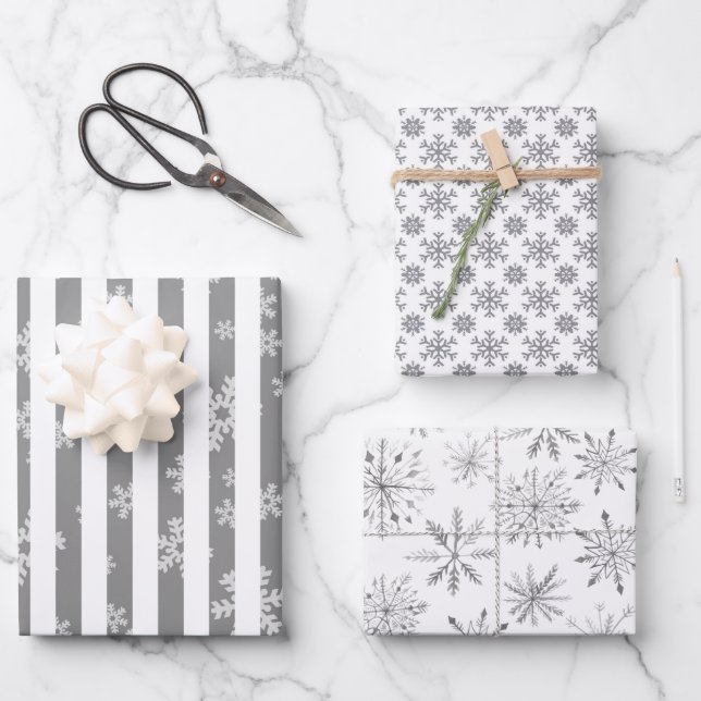 Feuille De Papier Cadeau Monotone moderne noir blanc flocon de neige (Recto)