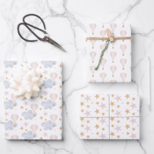 Feuille De Papier Cadeau montgolfière, nuages, baby shower d'étoiles