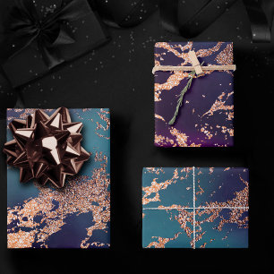 Feuille De Papier Cadeau Moody Luxe Marble   Profond violet et Turquoise or