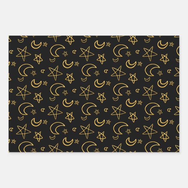 Feuille De Papier Cadeau Moons et étoiles Motif or (Devant)