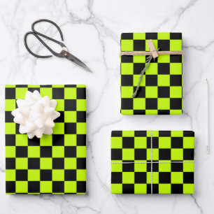 Feuille De Papier Cadeau Motif à carreaux vert acide et noir